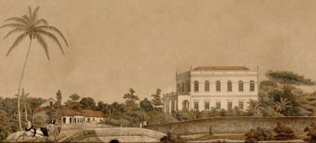 Casa da família Tavares da Silva ao fundo, 1850. Hoje anexo da Sede do TRE-PE, construido pelo enegenheiro Louis Vauthier em frente a praça do Entroncamento.  