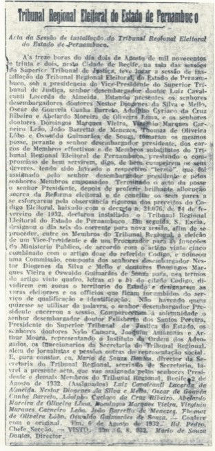 Ata de instação do Tribunal Regional Eleitoral de Pernambuco, 1932