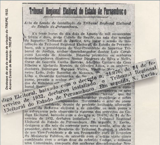 Destaque da ata de sessão de criação do TRE-PE, 1932.